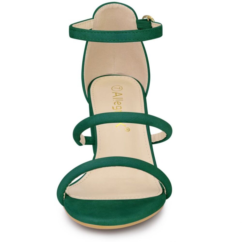 Open Toe Strappy Green Chunky Heels Sandals - Picture 2 of 6